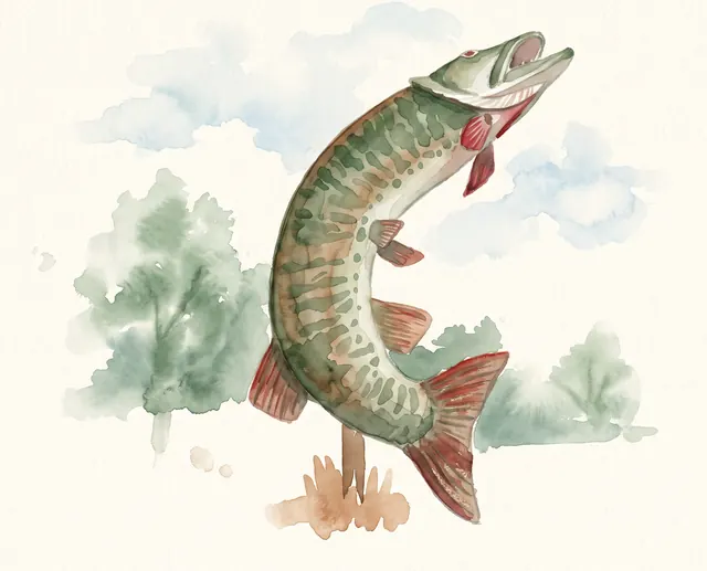 Watercolor illustration of Husky the Muskie, Kenora's landmark fish statue