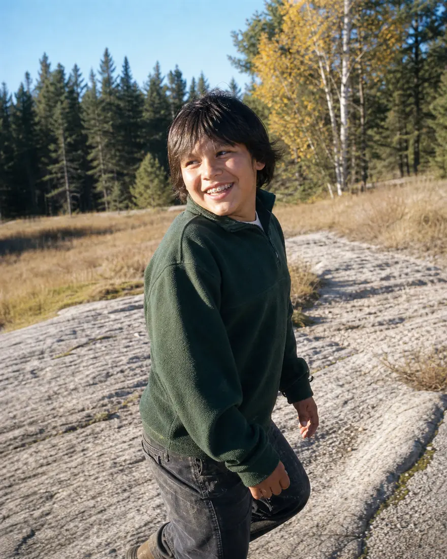 A boy smiling with braces on a granite trail