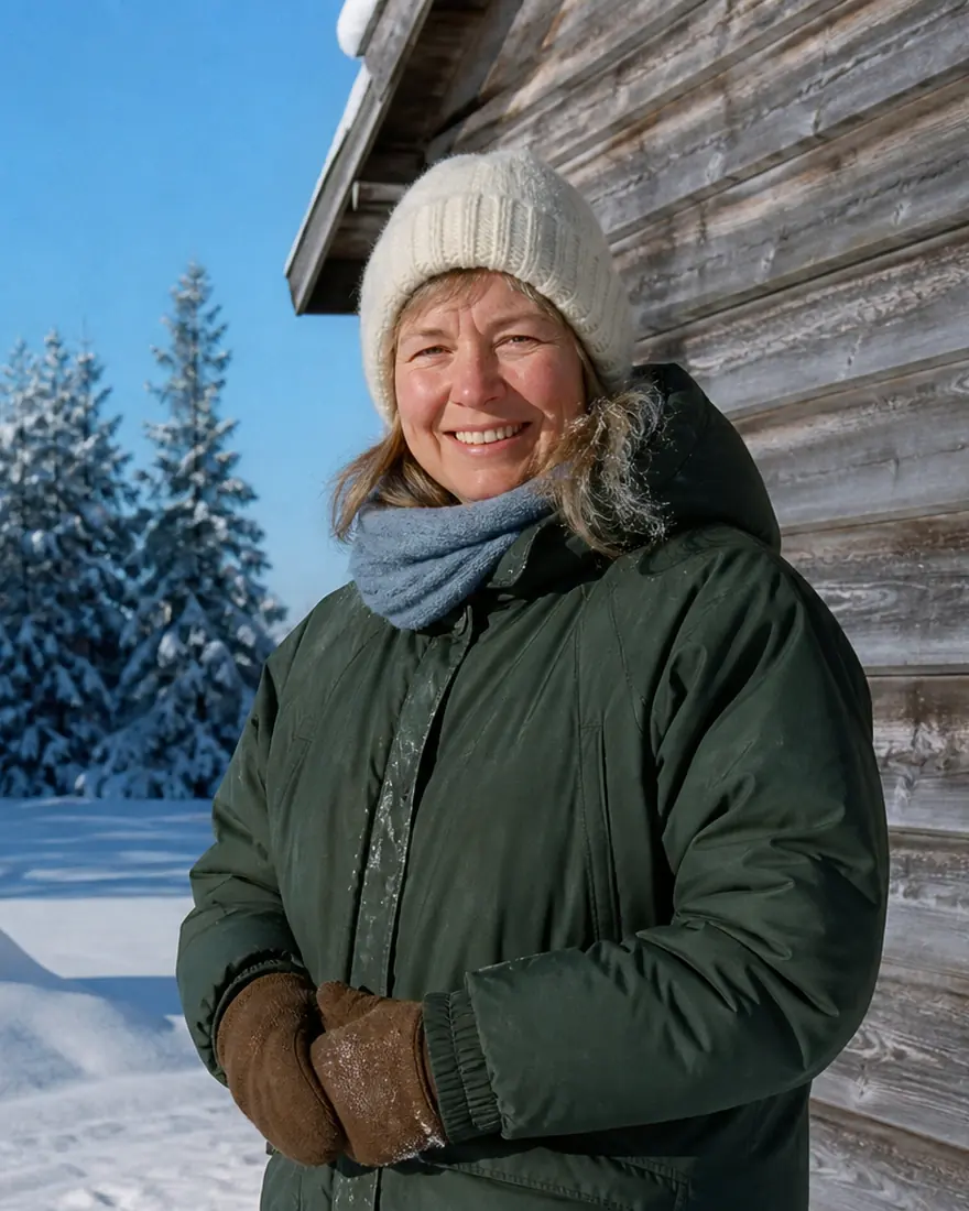 A woman smiling outside a cabin in winter